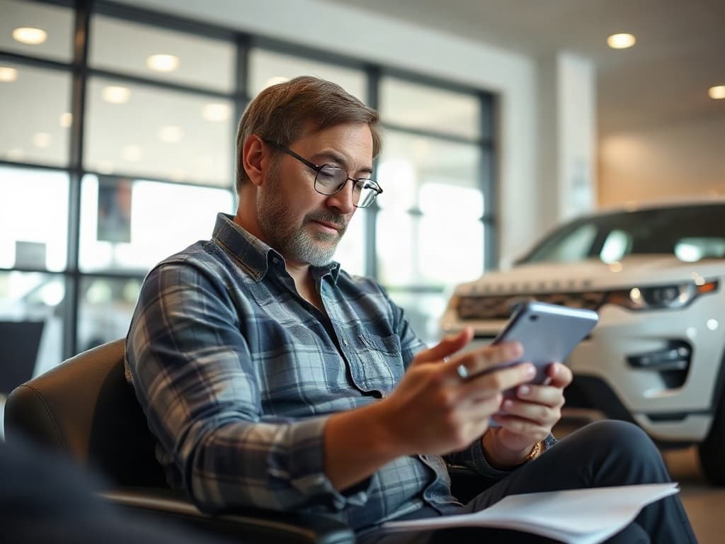 Illustrative scene of a customer checking a dealership quote on a phone.
