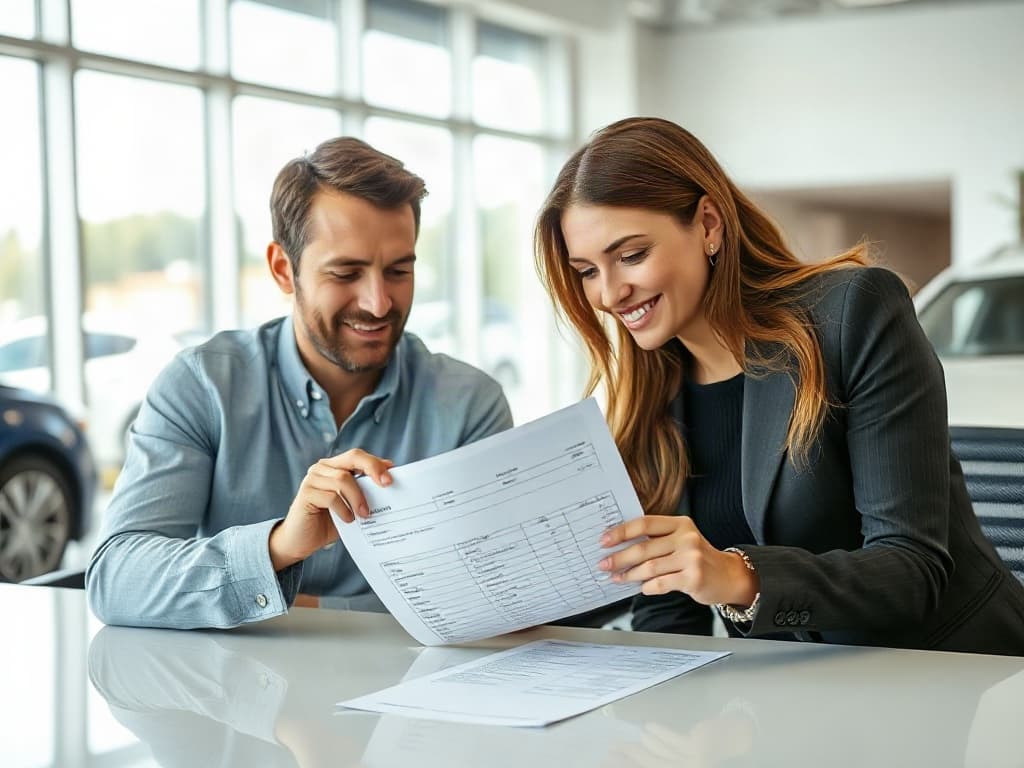 Illustrative scene of a buyer and salesperson calmly reviewing a dealership quote together.